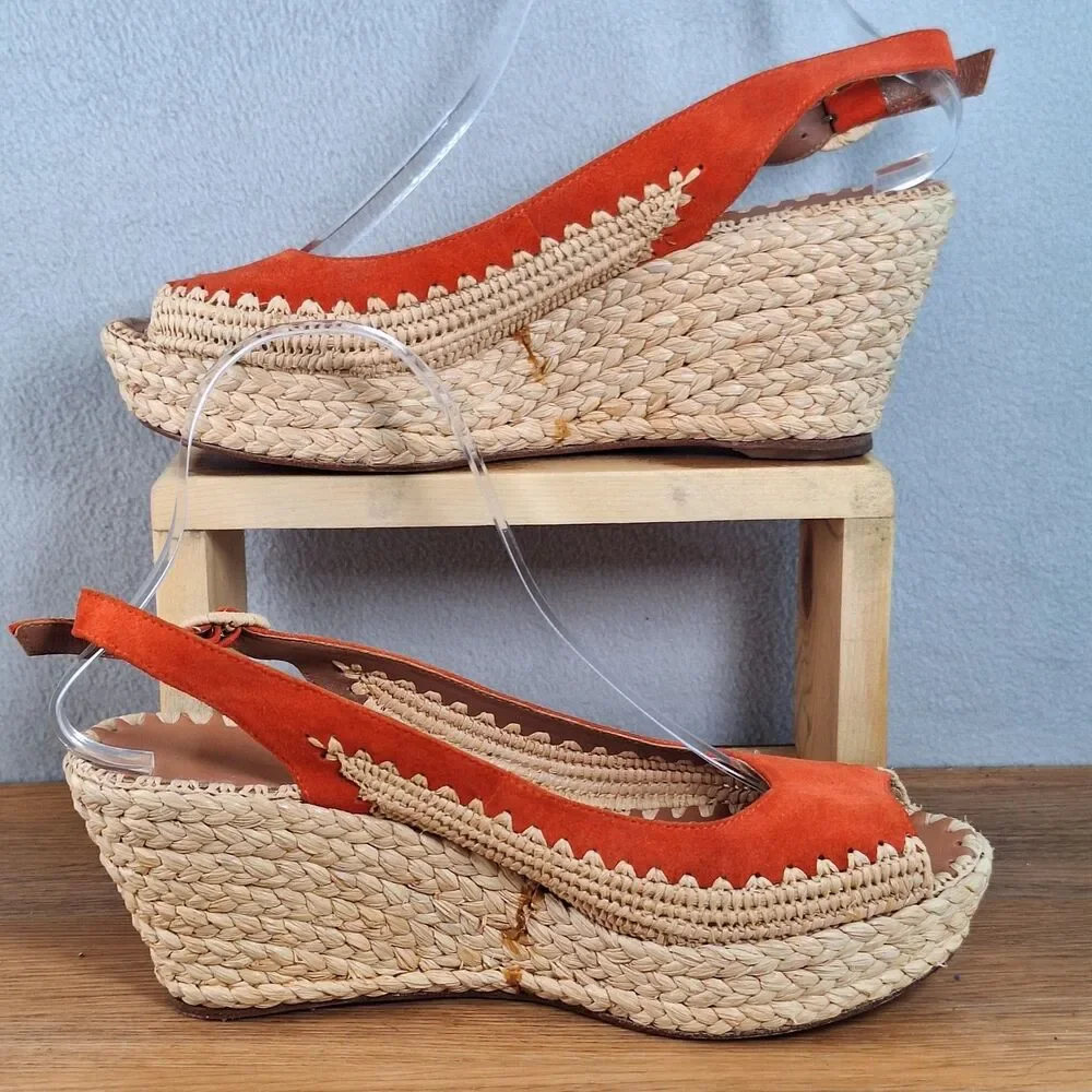 Tory Burch Espadrille Wedge Sandals Women's 9 Orange Jute Leather Platform Heels
